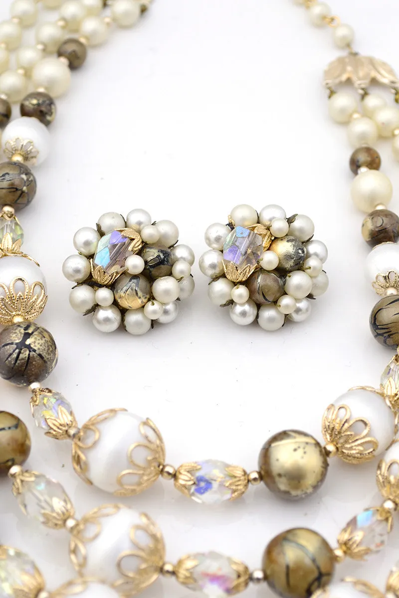 1960s Vintage Beaded Necklace and Earrings Multi Strand Statement