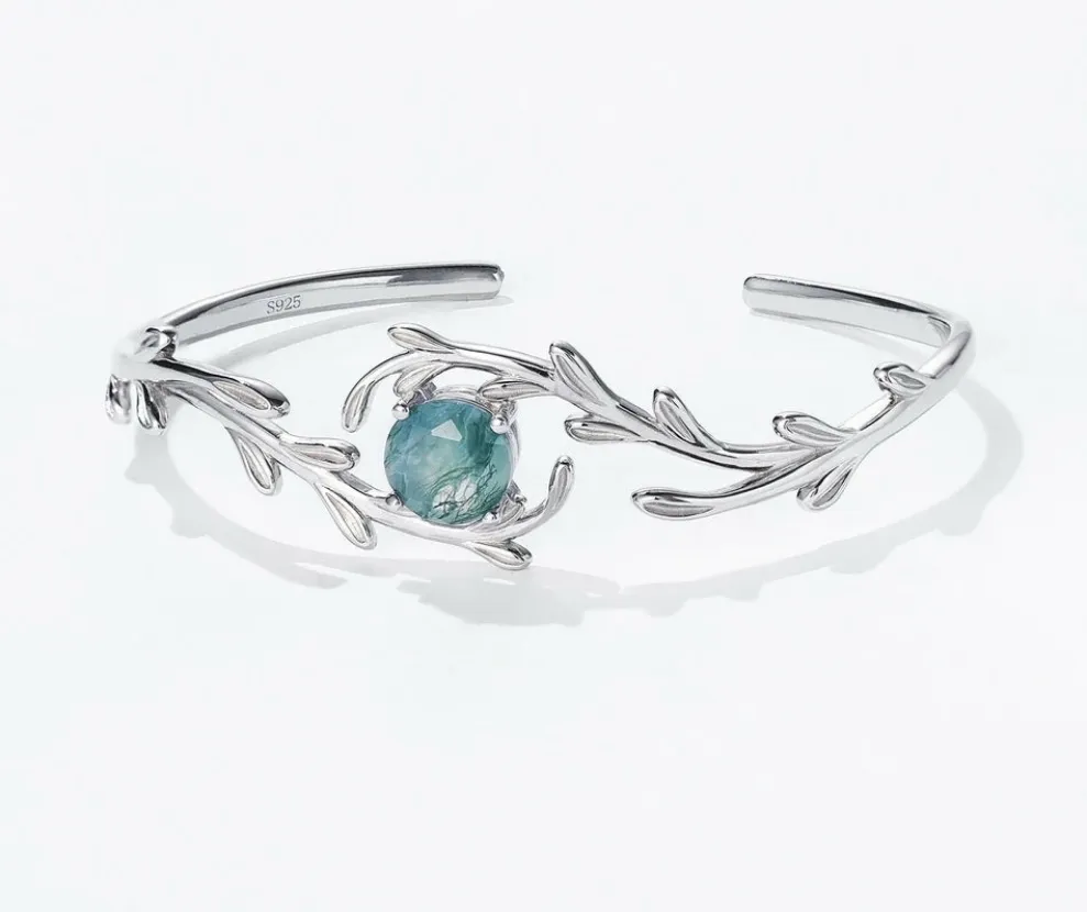 925 Silver 8*8mm Natural Moss Agate Bracelet