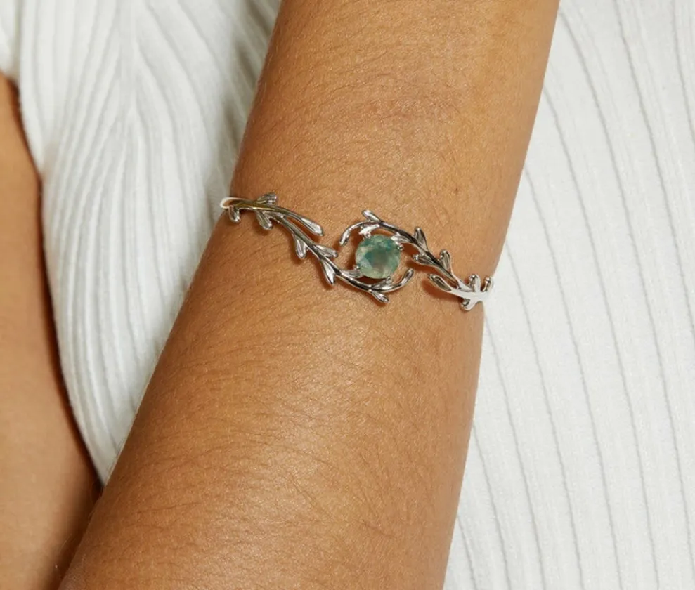 925 Silver 8*8mm Natural Moss Agate Bracelet