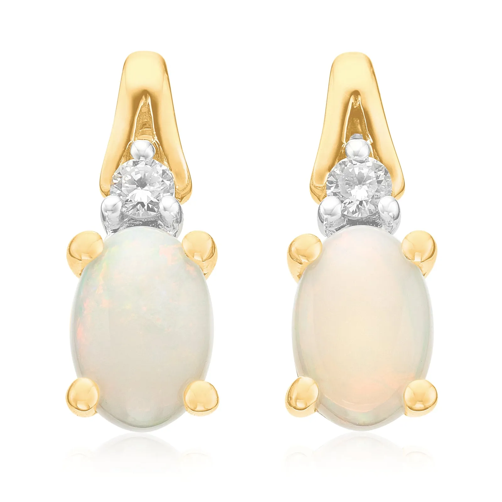 9ct Yellow Gold Oval Cut 6x4mm Opal & Diamond Stud Earrings