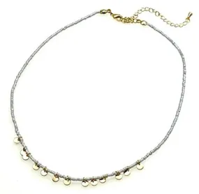 Beaded Necklace with Gold Sequins - Gray beads