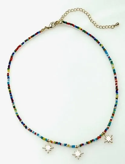 Beaded Necklace with Multiple Star Pendant - Multi colors