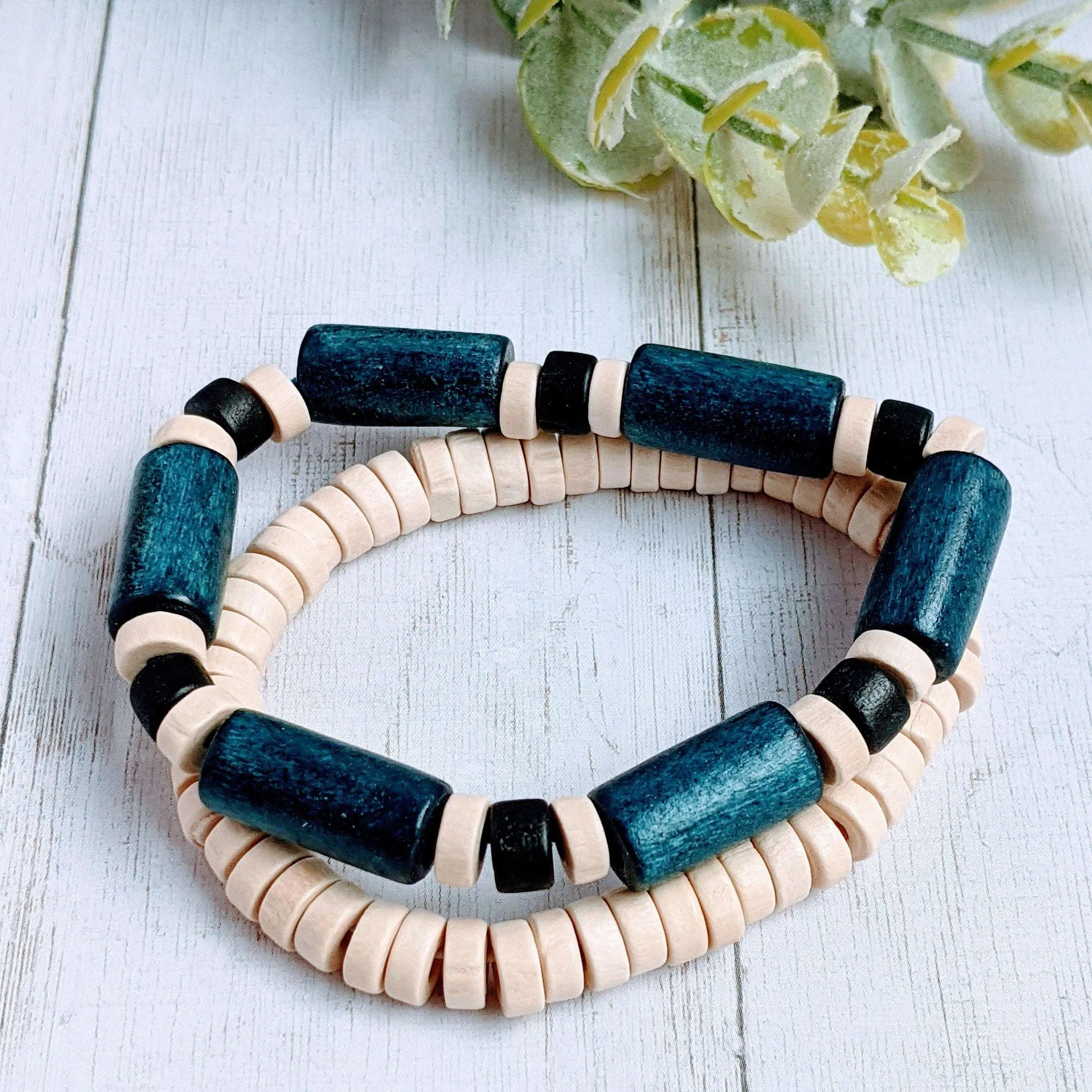 Blue Barrel Bead Stretch bracelet - Unisex