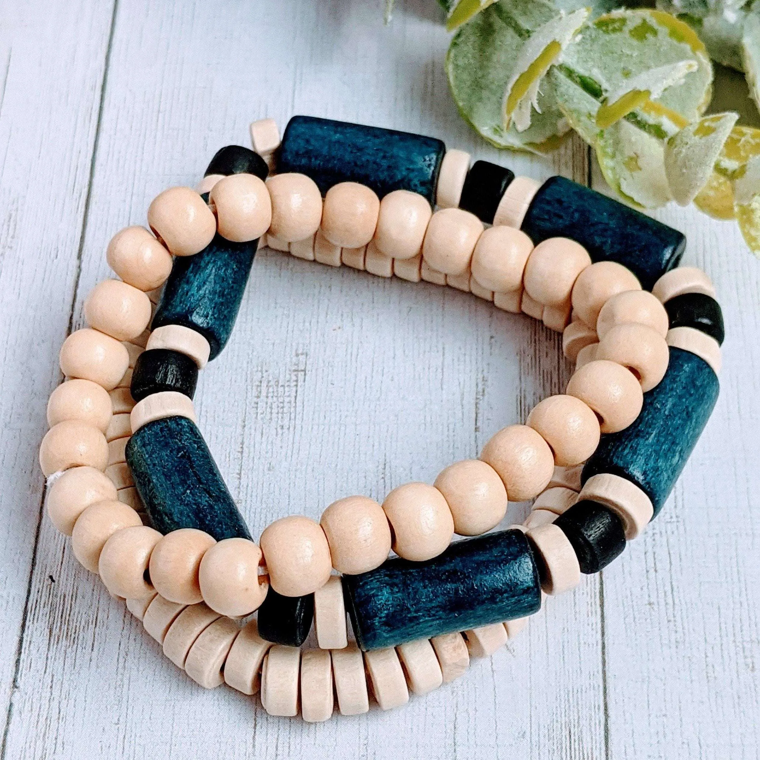 Blue Barrel Bead Stretch bracelet - Unisex