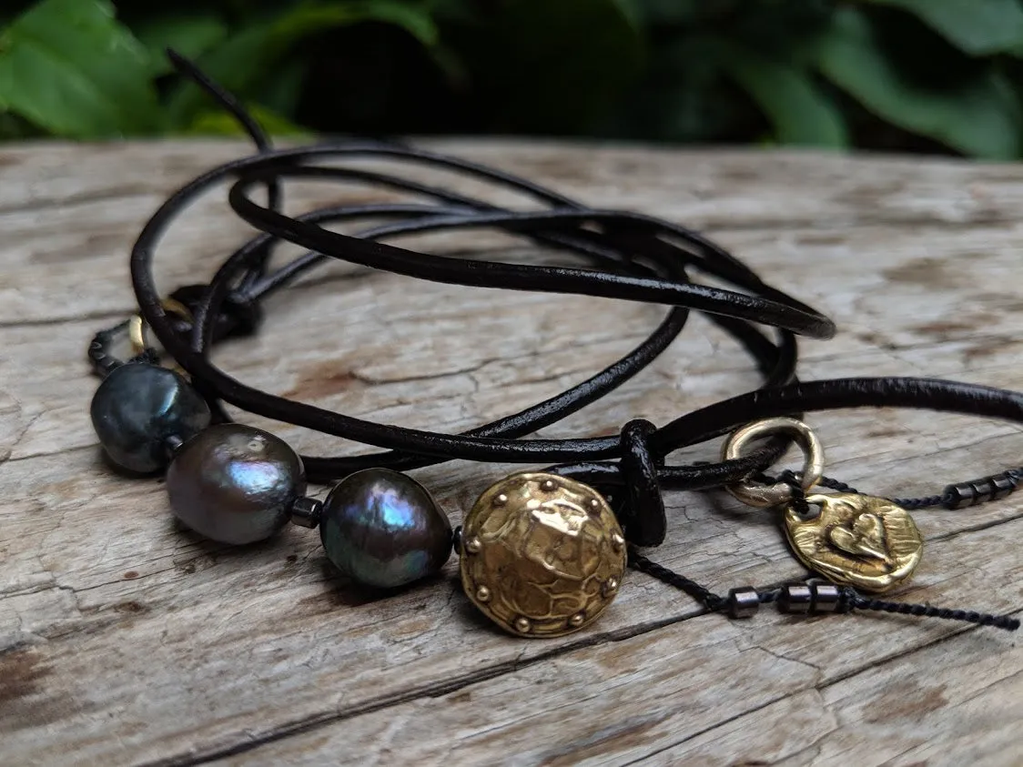 Boho Natural Black Baroque Pearl Leather Wrap Bracelet