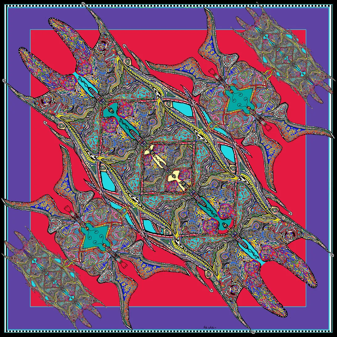 'Butterfly Circles' in Red & Purple, Silk Scarf,
