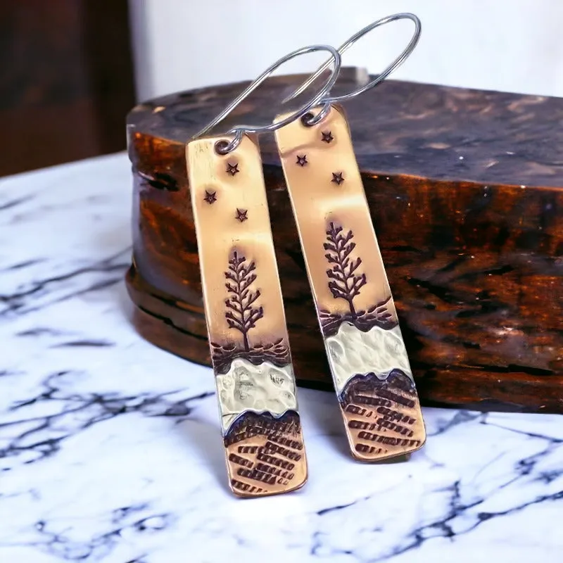 Copper Tree and River Dangle Earrings
