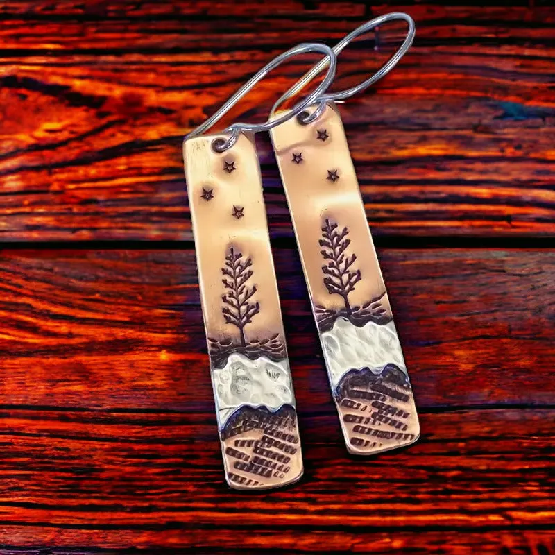 Copper Tree and River Dangle Earrings