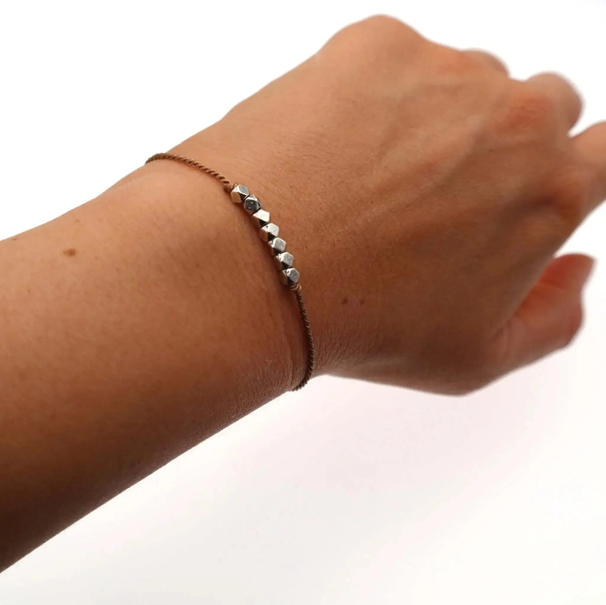 Dainty Silk Cord Bracelet with Silver Beads