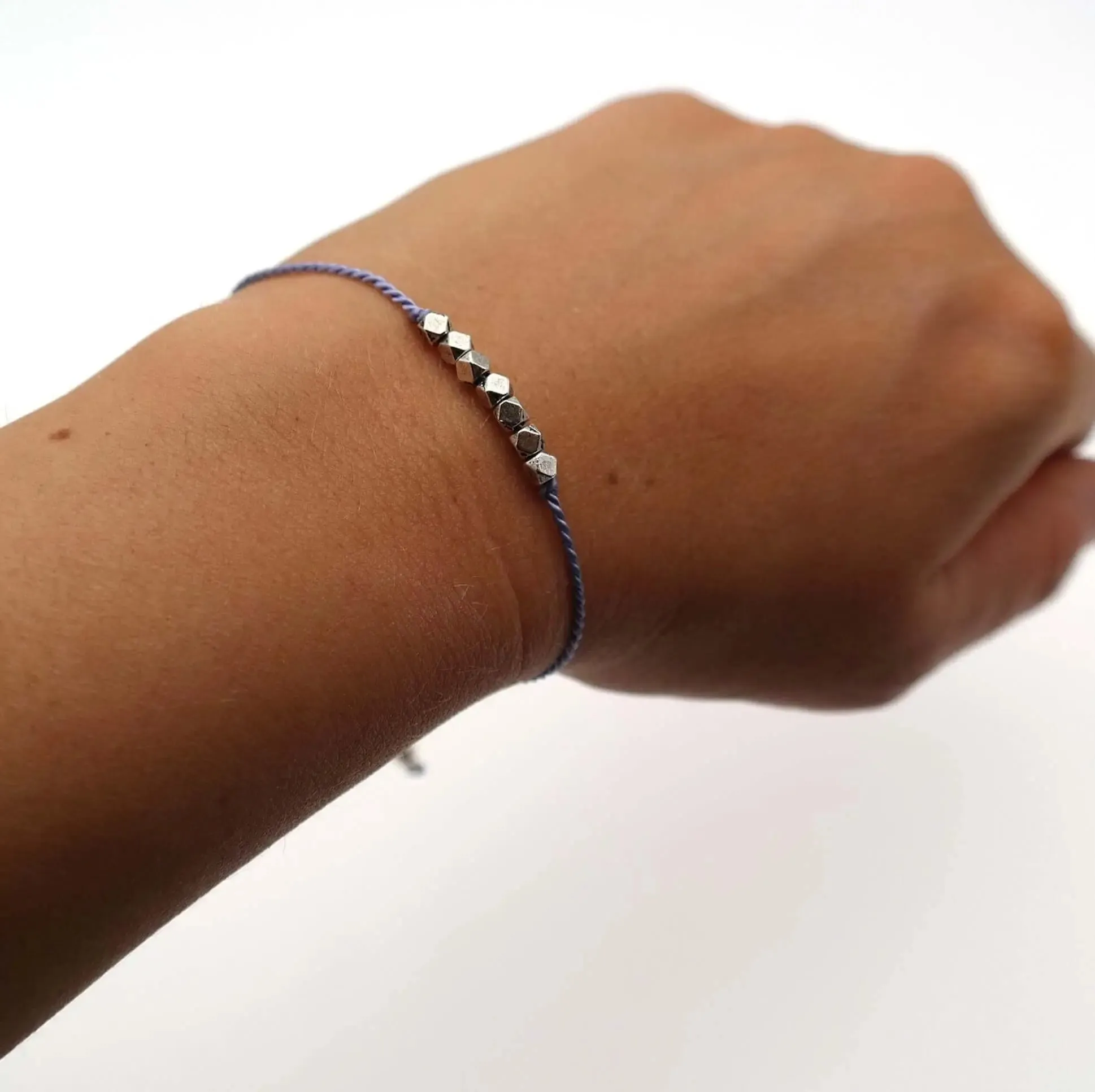 Dainty Silk Cord Bracelet with Silver Beads