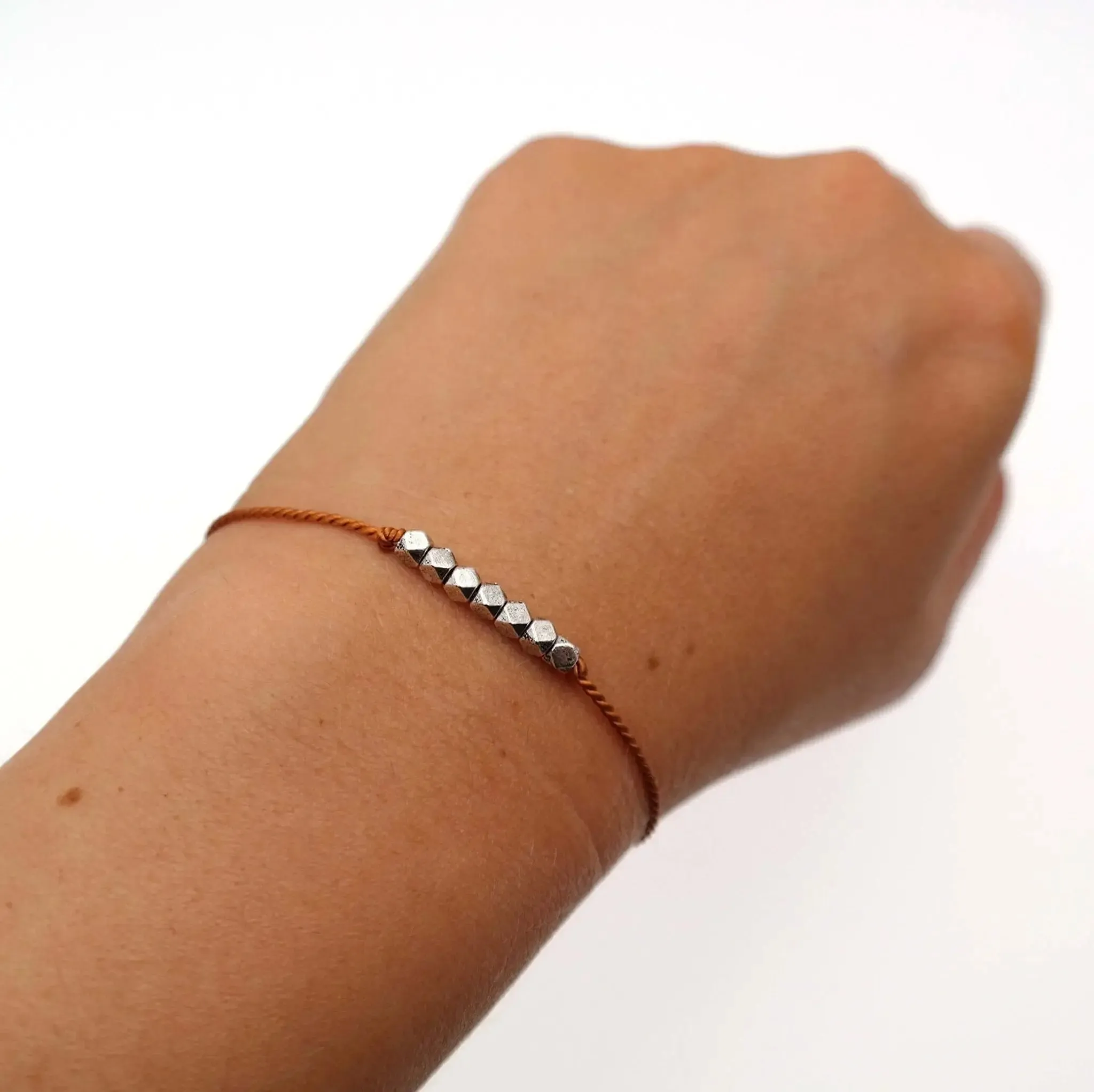 Dainty Silk Cord Bracelet with Silver Beads