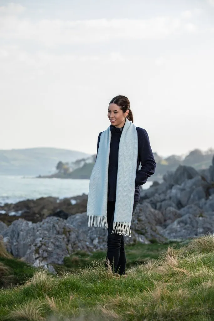 Foxford Merino Cashmere Scarf | Blue & White Herringbone