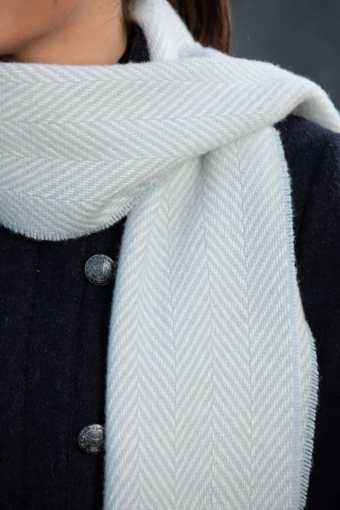 Foxford Merino Cashmere Scarf | Blue & White Herringbone
