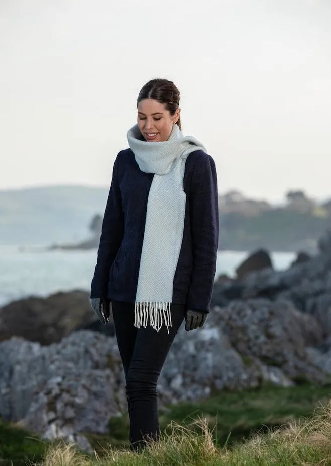 Foxford Merino Cashmere Scarf | Blue & White Herringbone