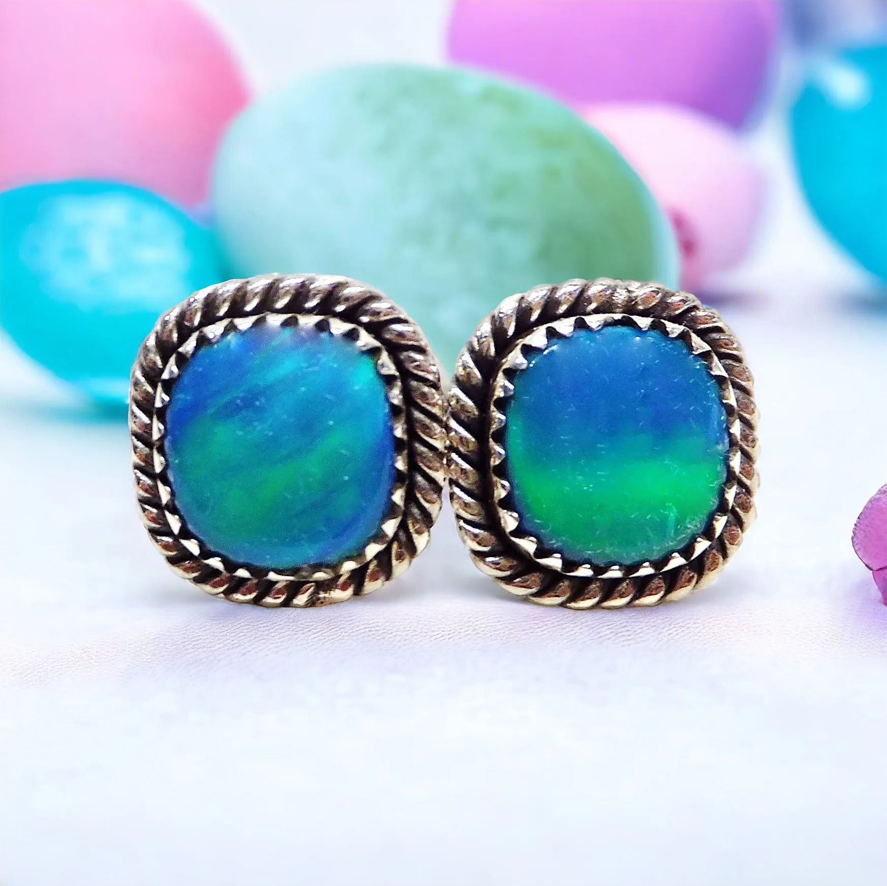 Genuine Aurora Opal Gemstone Stud Earrings