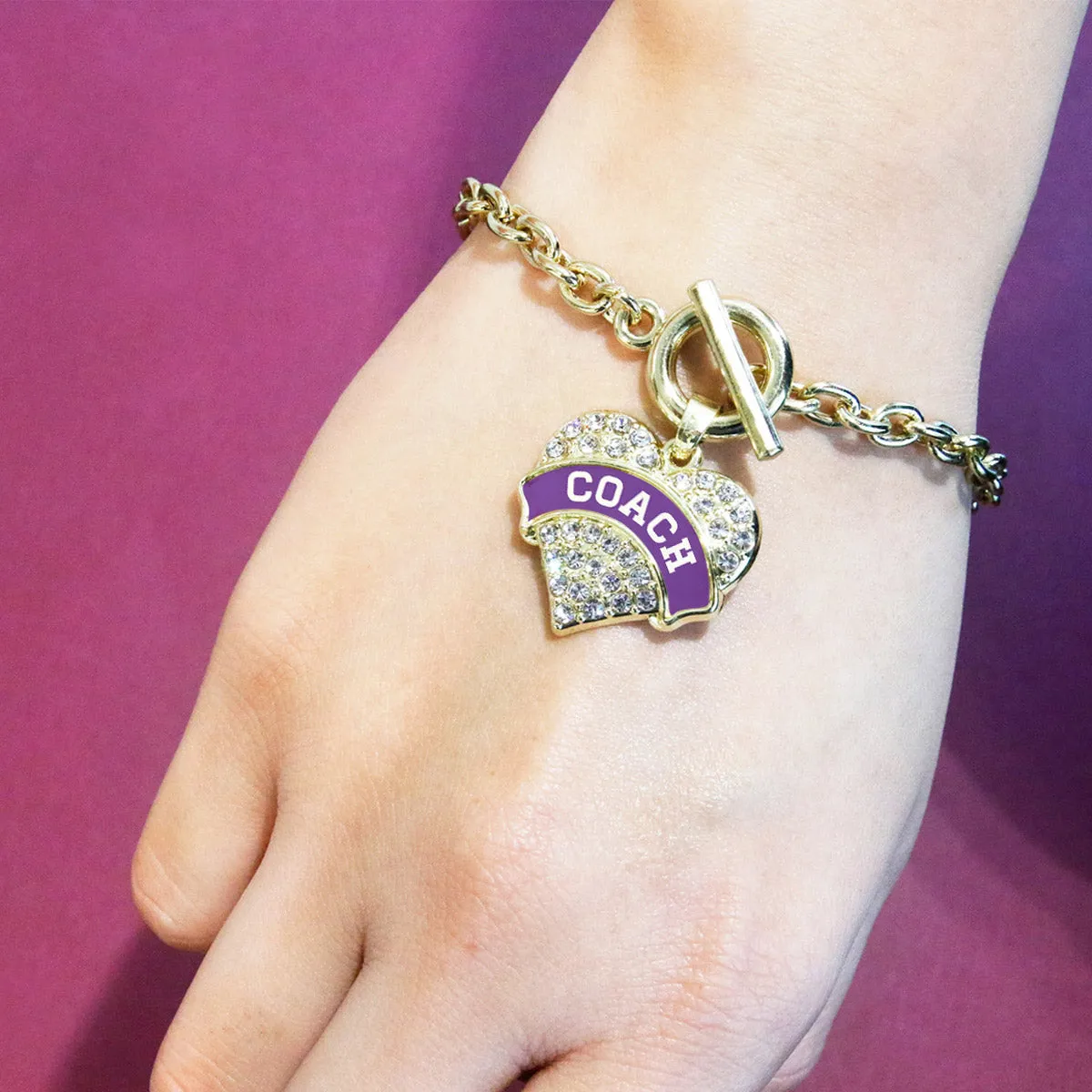 Gold Coach - Purple and White Pave Heart Charm Toggle Bracelet