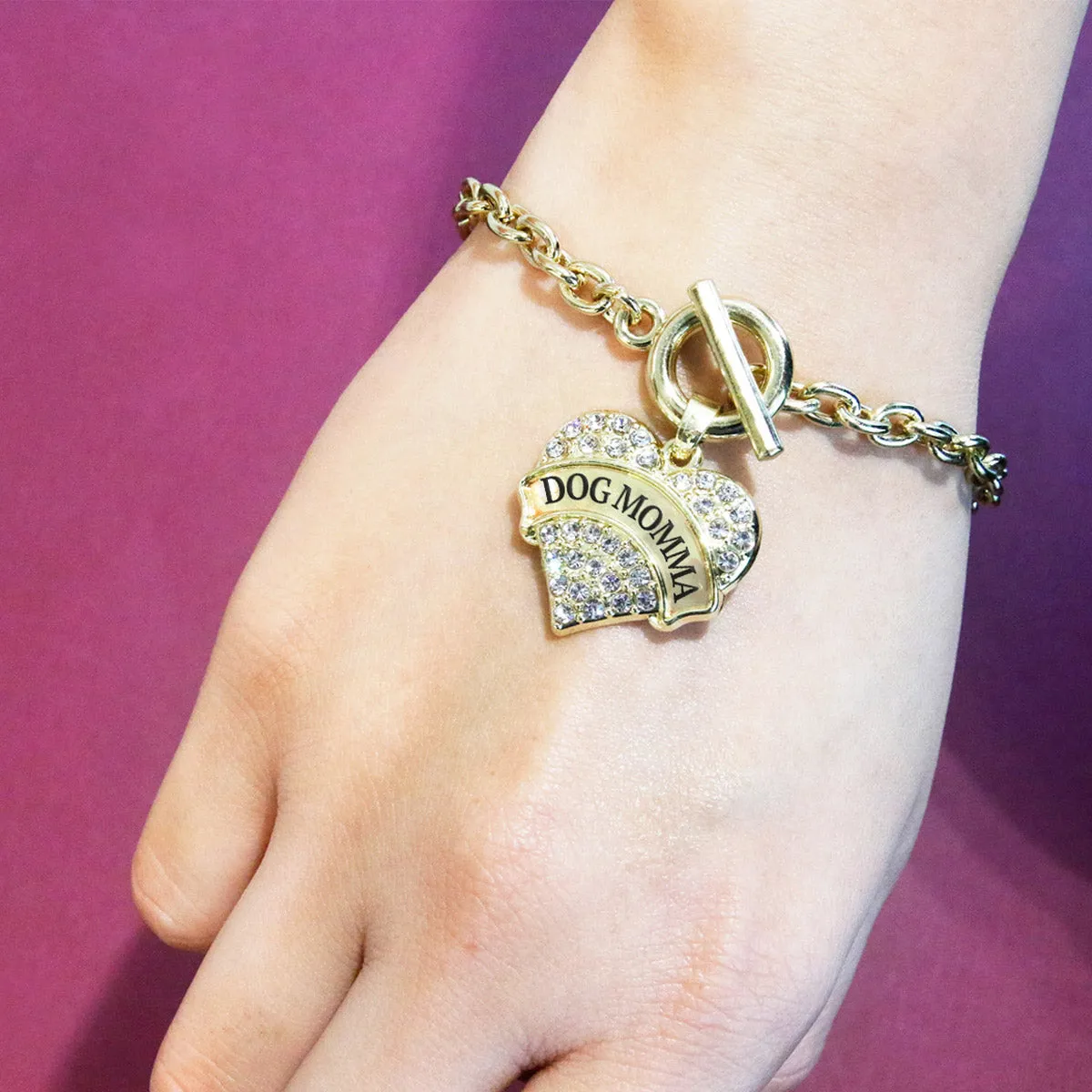 Gold Dog Momma Pave Heart Charm Toggle Bracelet