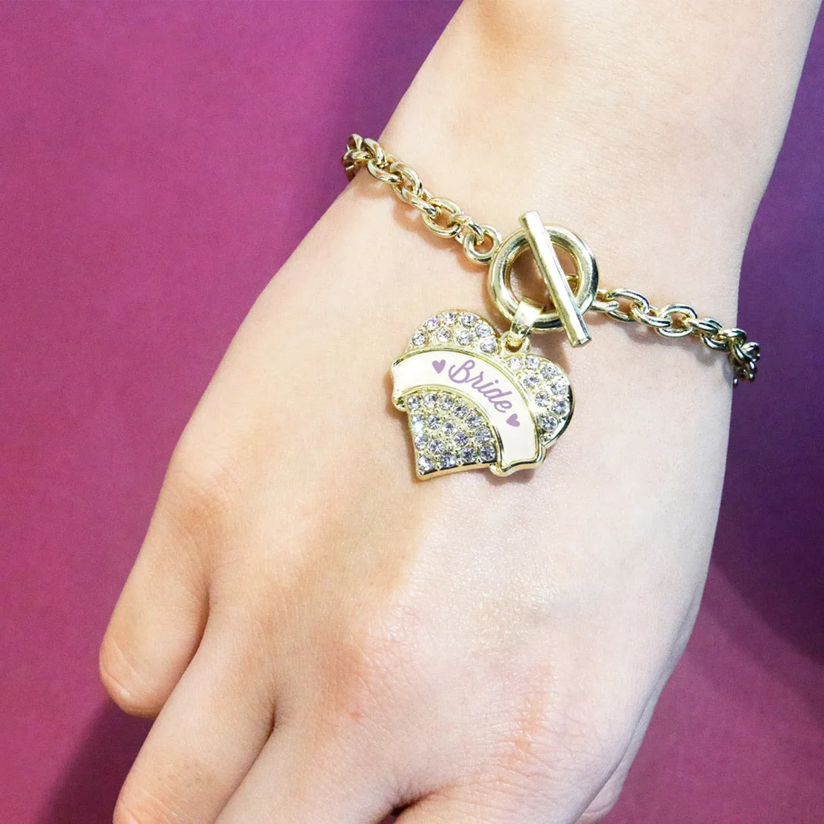 Gold Lavender Bride Pave Heart Charm Toggle Bracelet