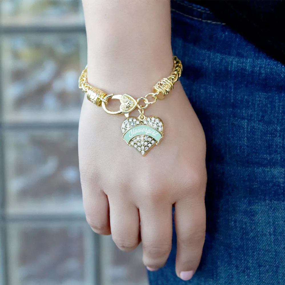 Gold Mint Flower Girl Pave Heart Charm Braided Bracelet