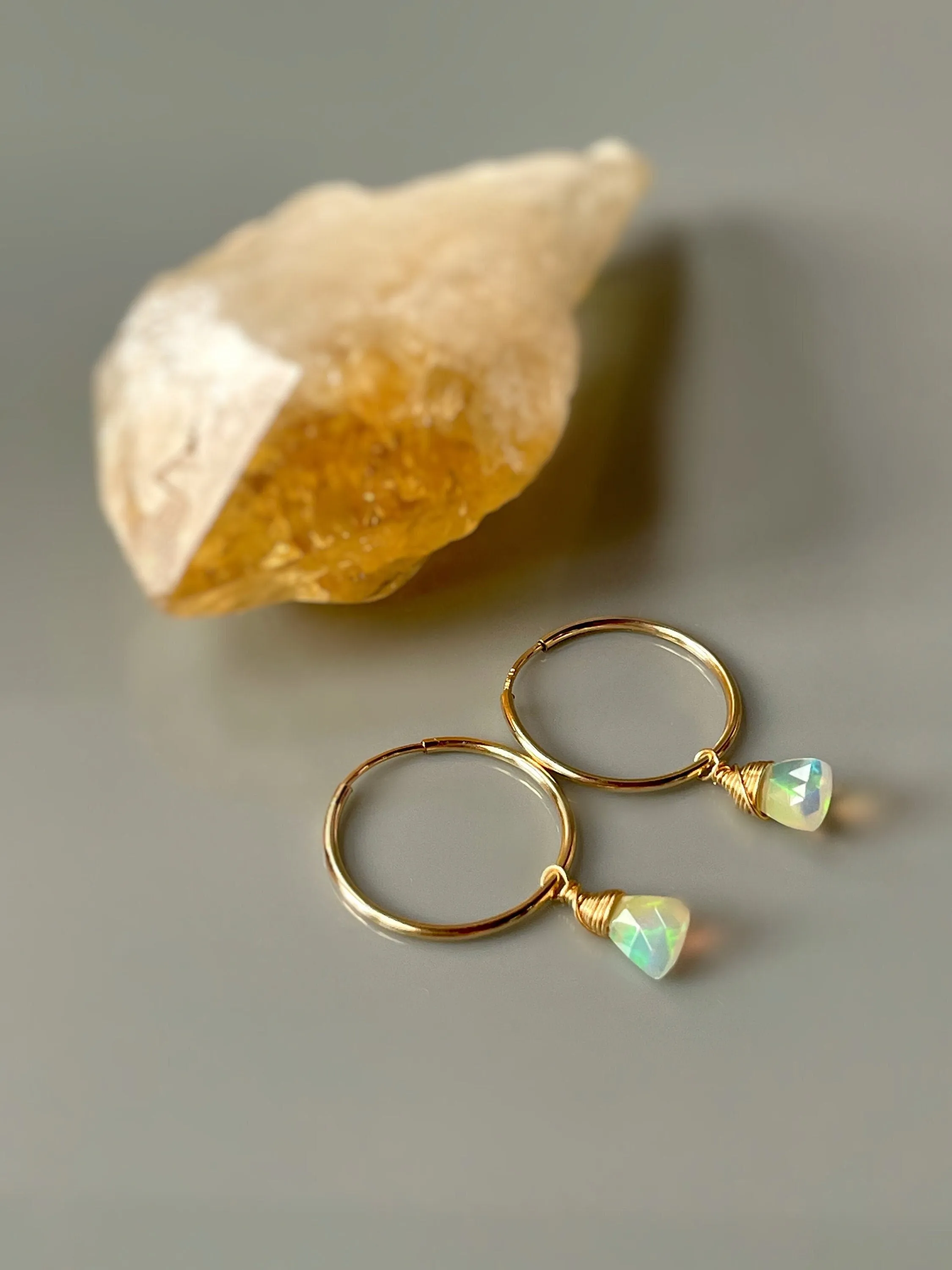 Gold Opal Hoop earrings 14k Gold Fill Dangly