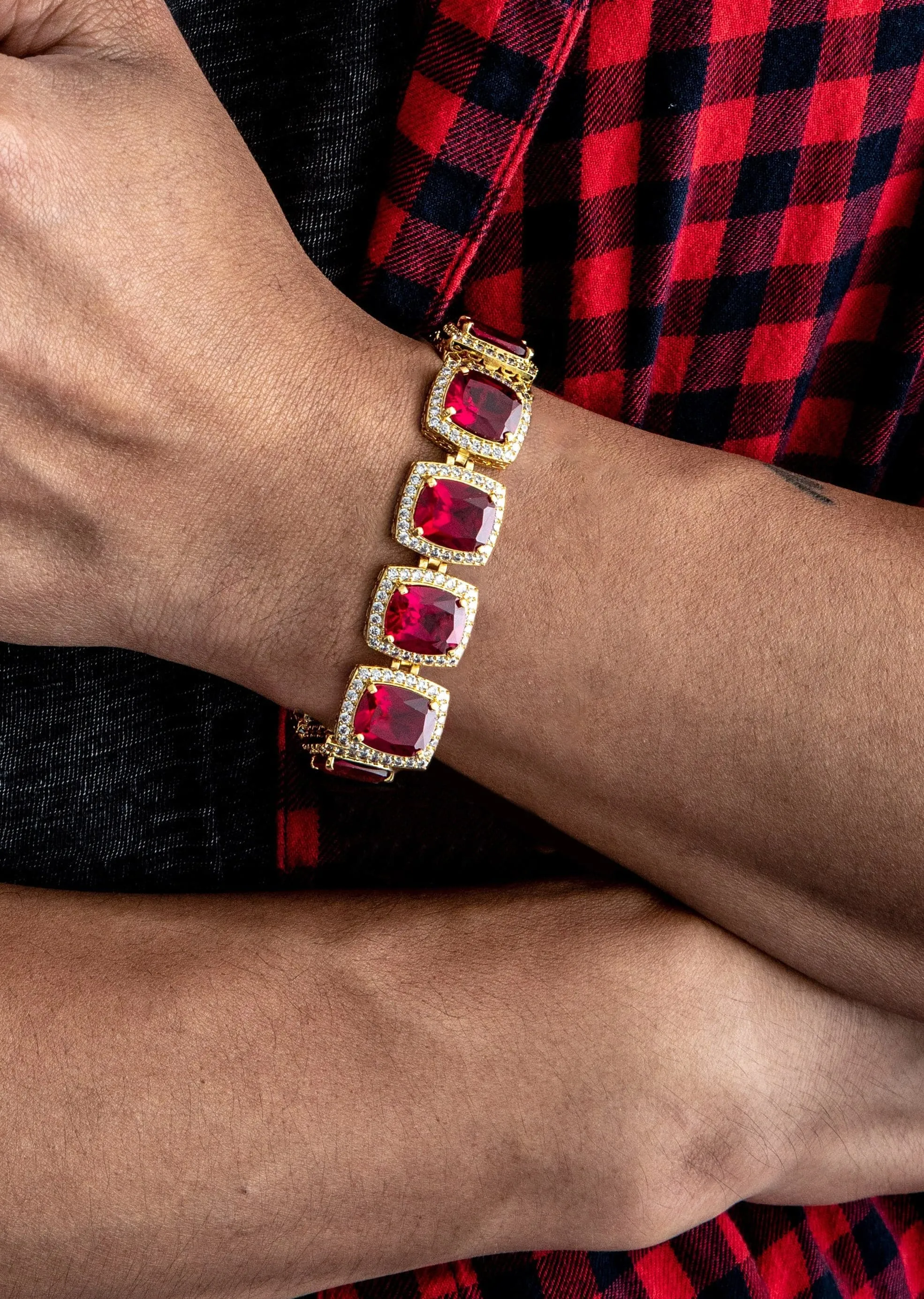 Gold Plated Mens Iced Ruby Bracelet