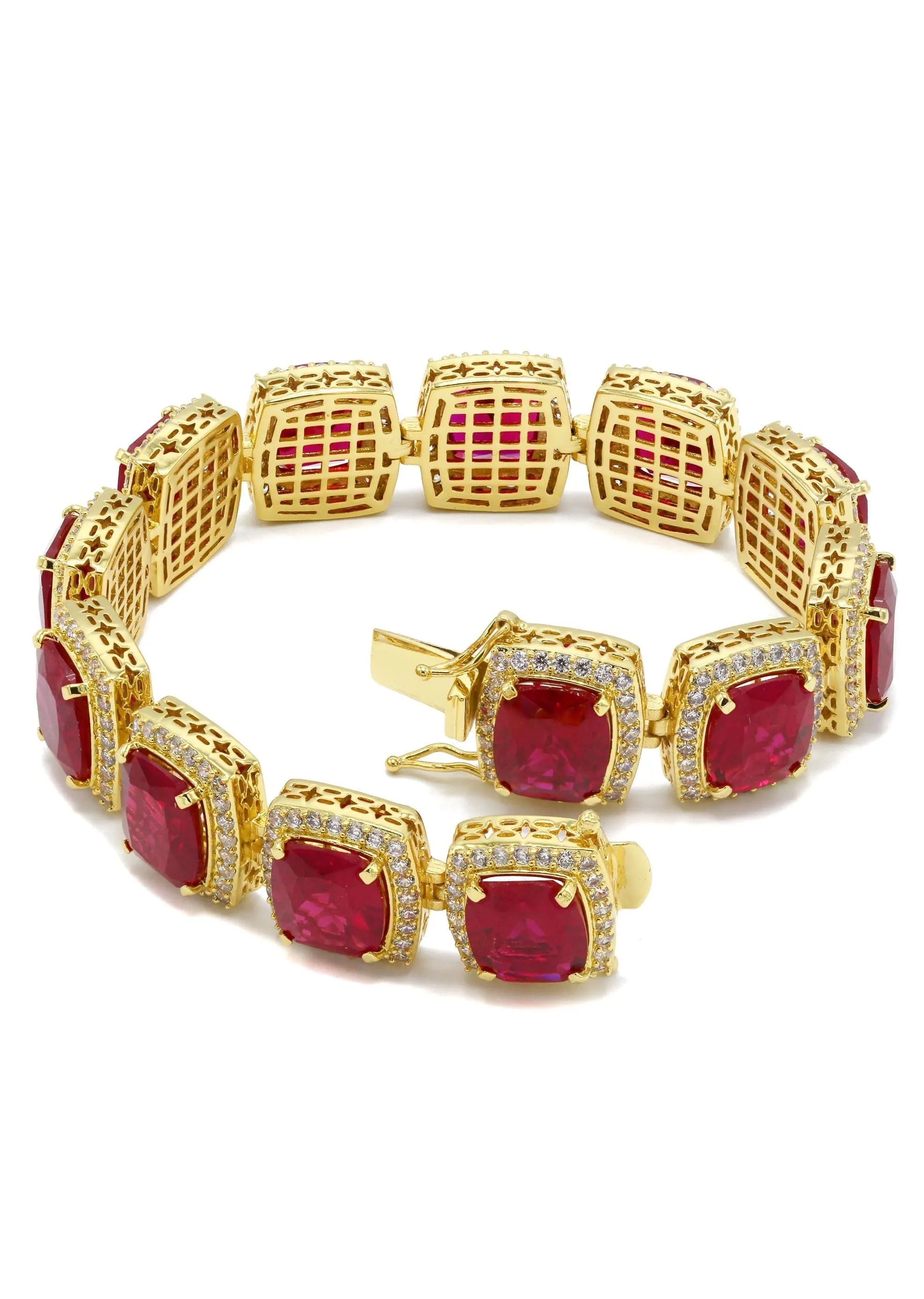 Gold Plated Mens Iced Ruby Bracelet