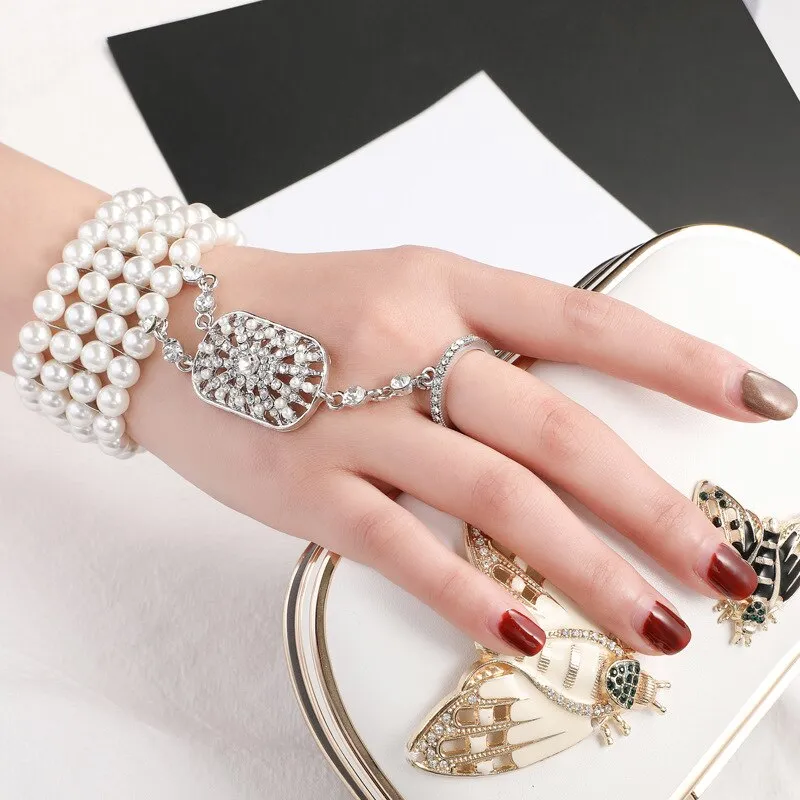Great Gatsby 1920's Flapper Faux Pearl Bracelet - Silver (Style 1)