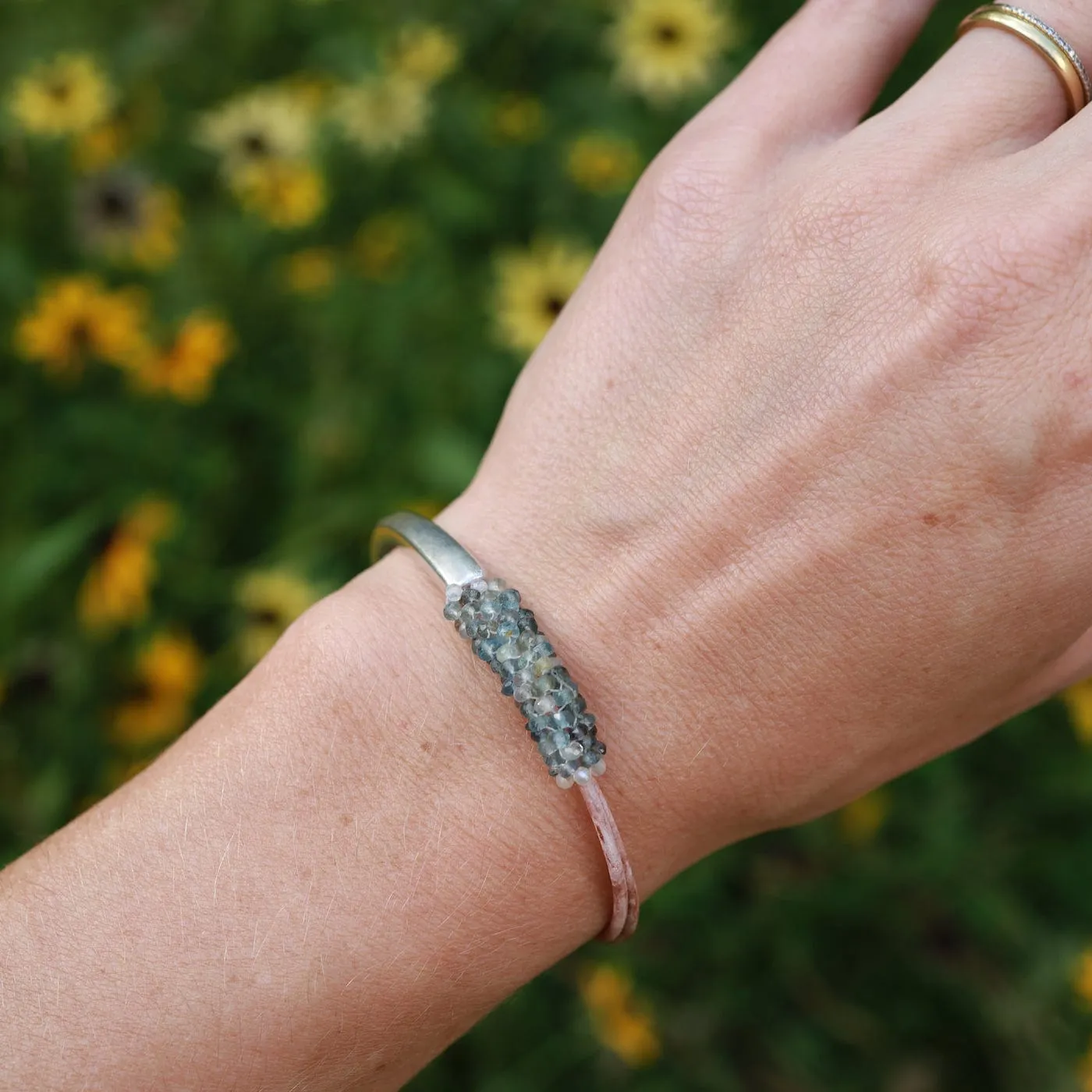 Hand Stitched Tiny Moss Aquamarine Bracelet