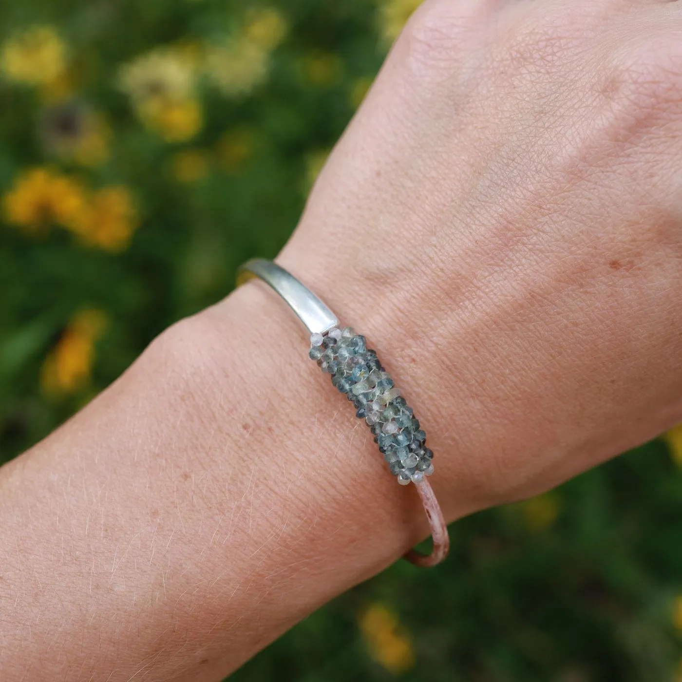 Hand Stitched Tiny Moss Aquamarine Bracelet