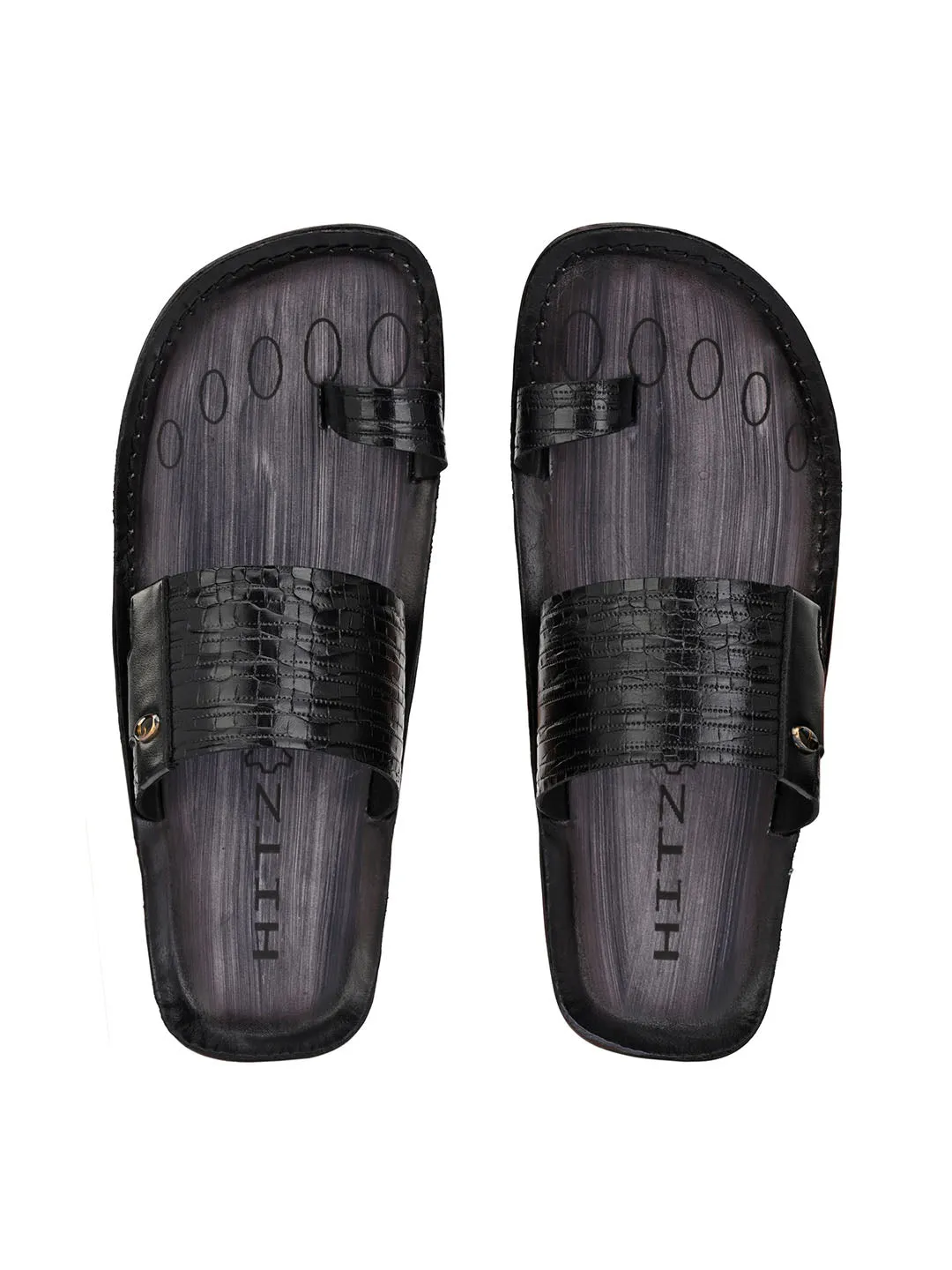 Hitz Men's Black Leather Toe Ring Casual Slippers
