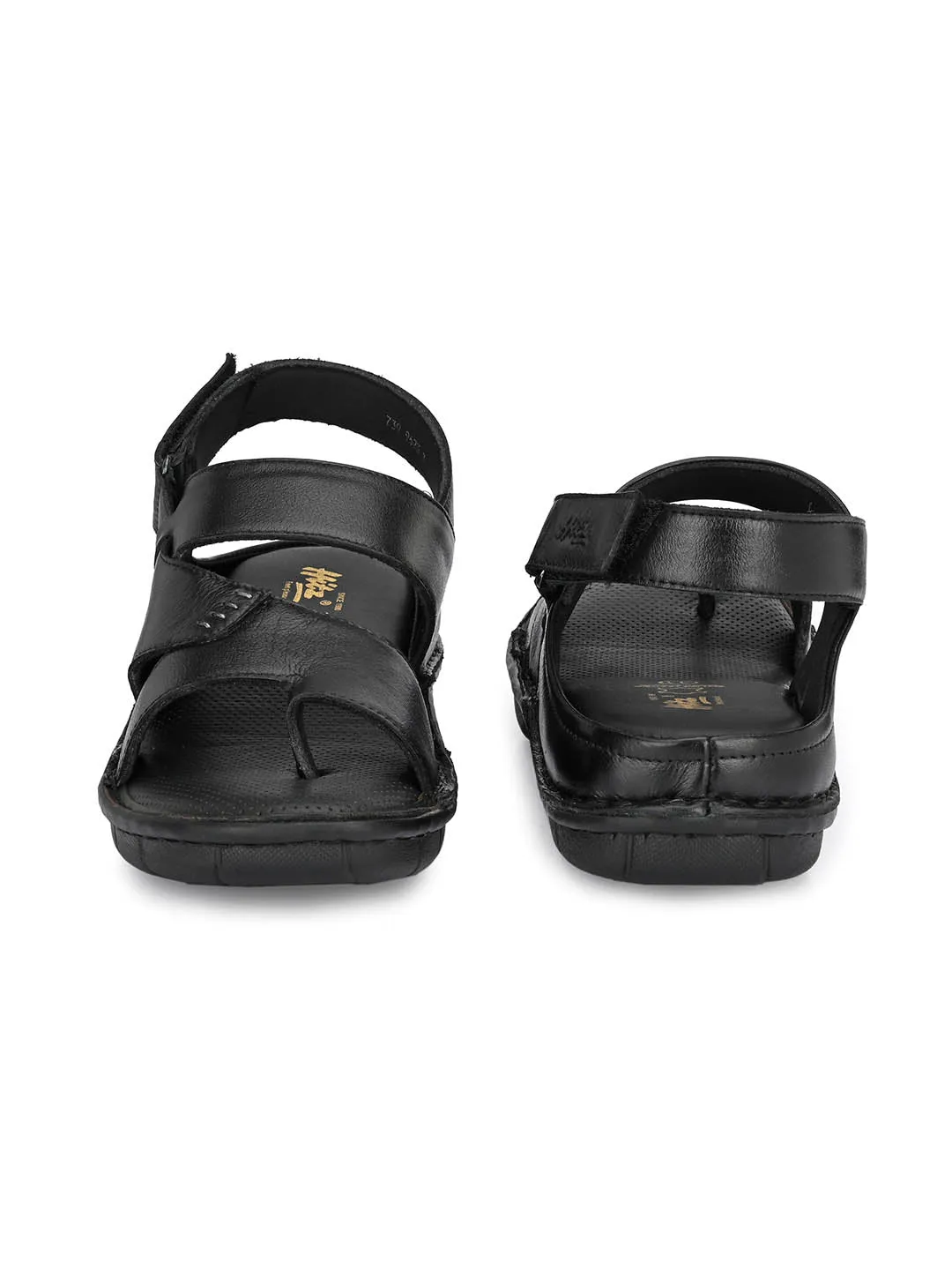 Hitz Men's Black Leather Toe Ring Comfort Sandals with Velcro Closure