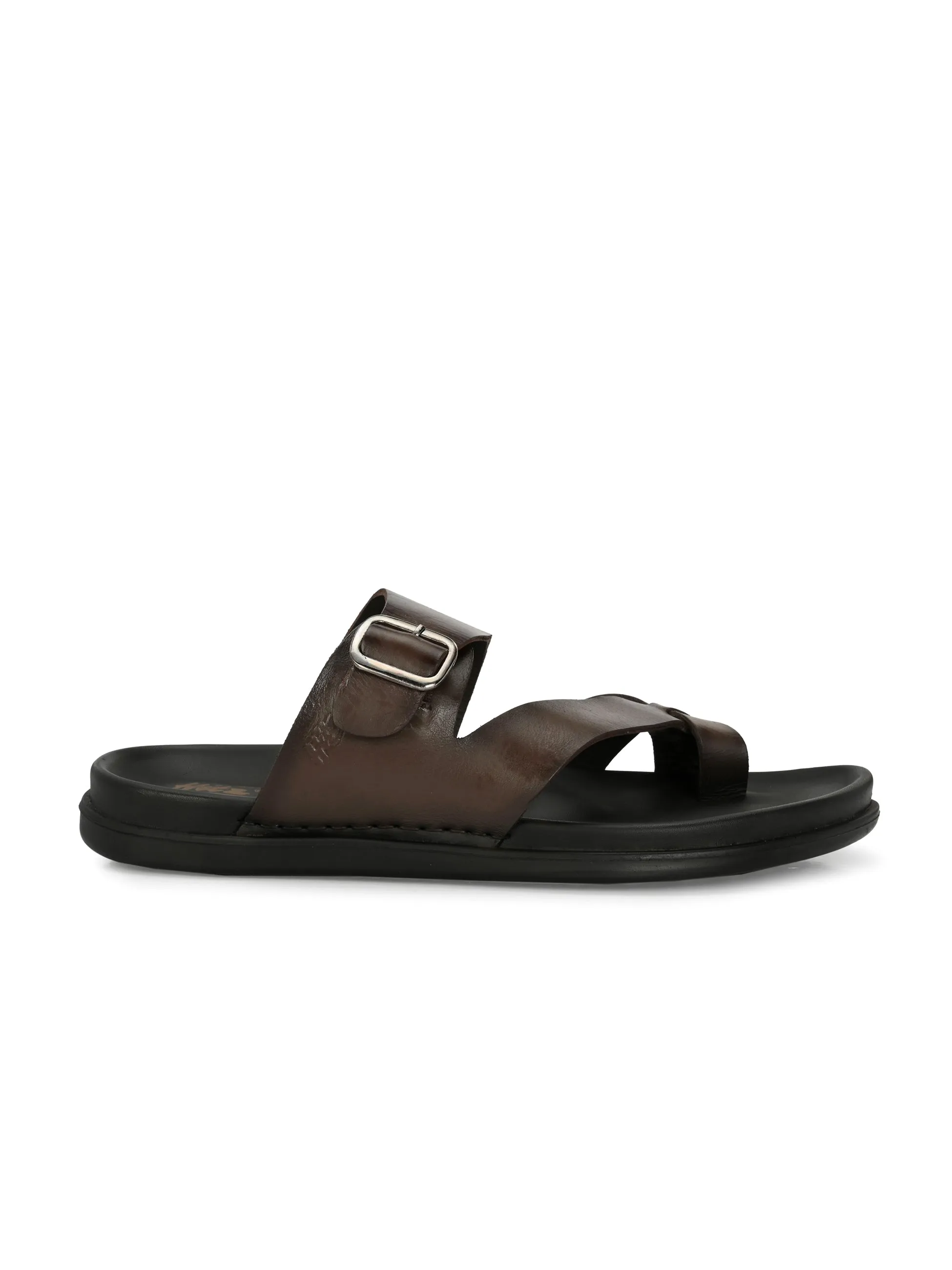 Hitz Men's BrownLeather Toe Ring Casual Slippers