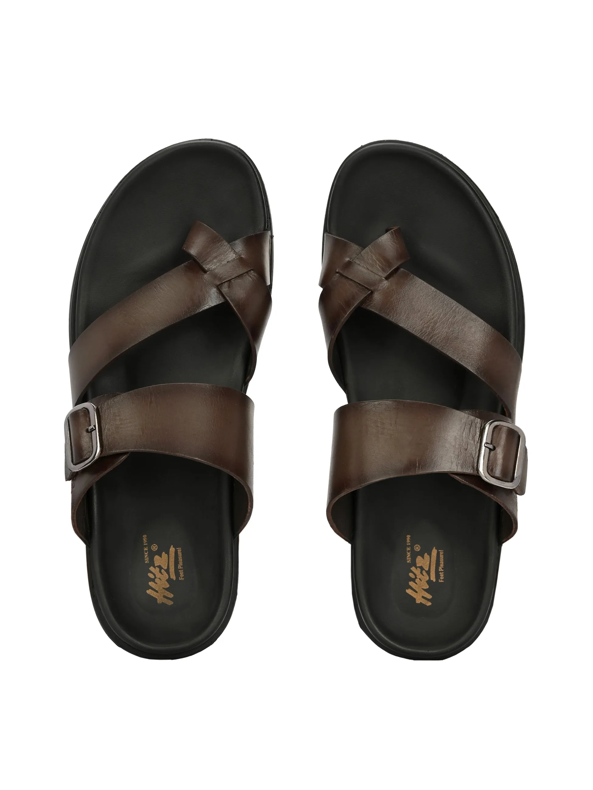 Hitz Men's BrownLeather Toe Ring Casual Slippers