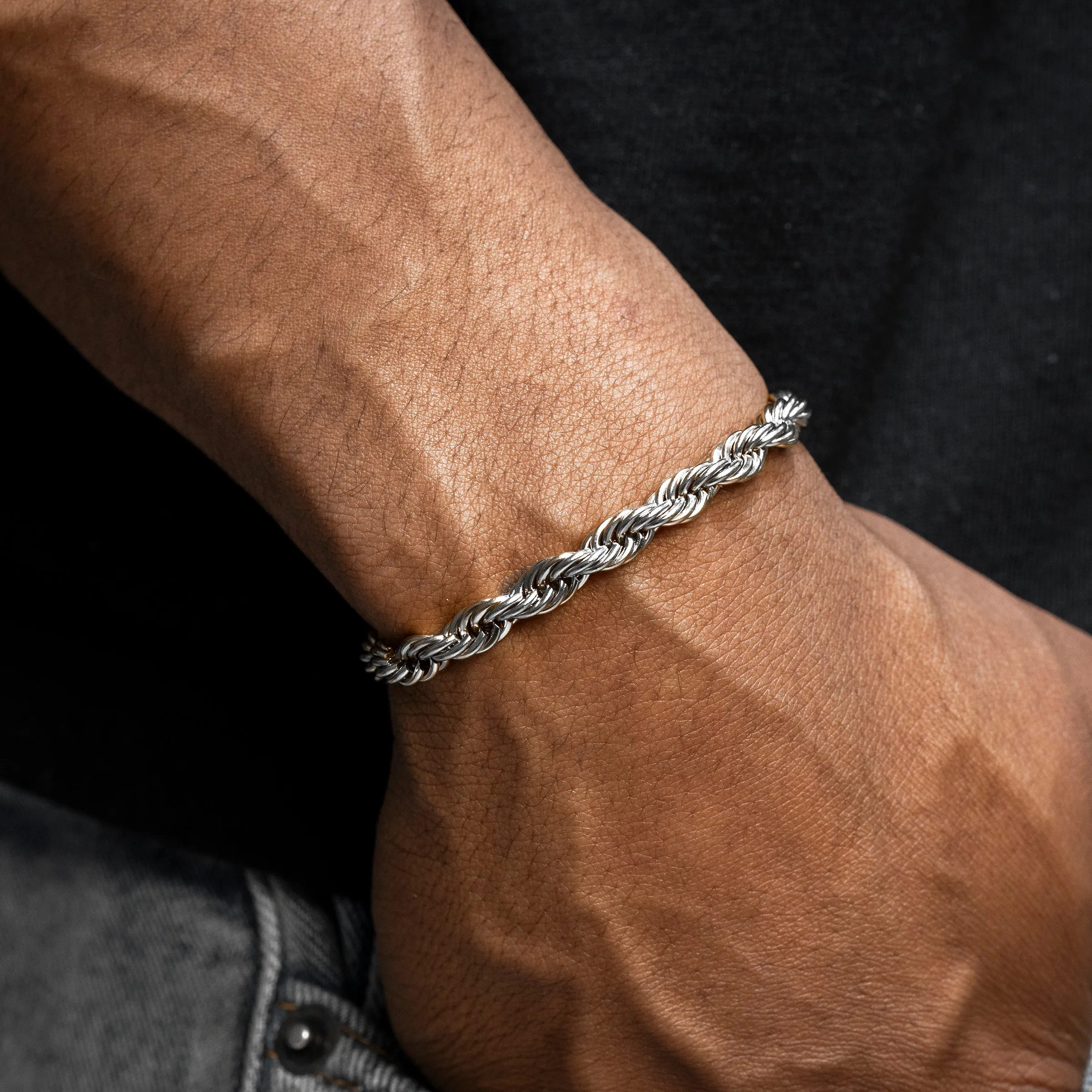 Mens White Gold Solid Rope Bracelet