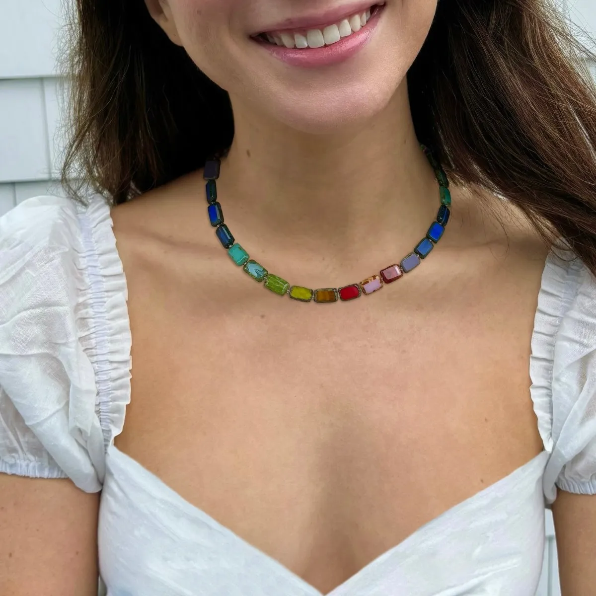 Multicolor Rainbow Glass Beaded Necklace, 16" Trilogy