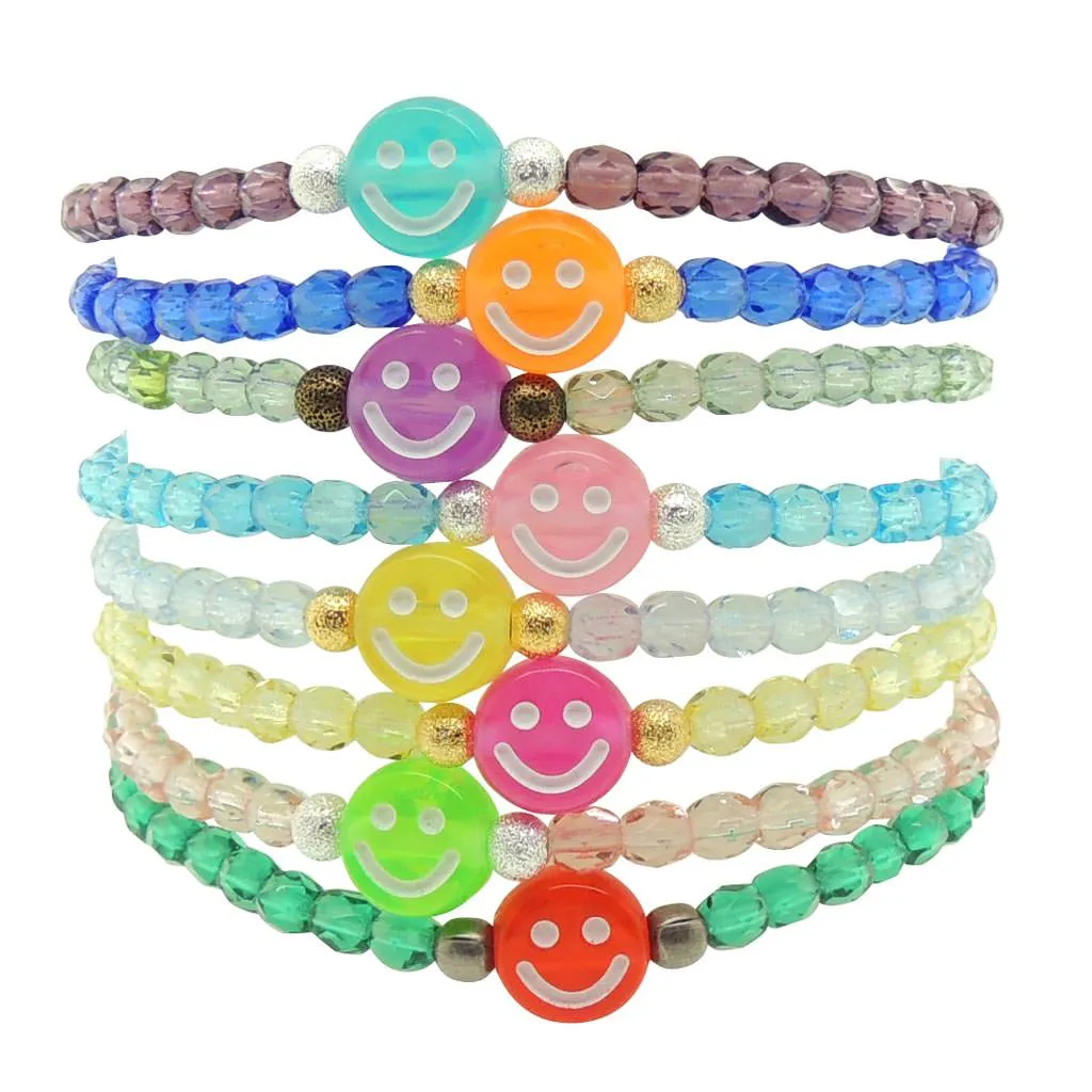 Multicolour Smiley Charm Faceted Glass Bead Bracelet