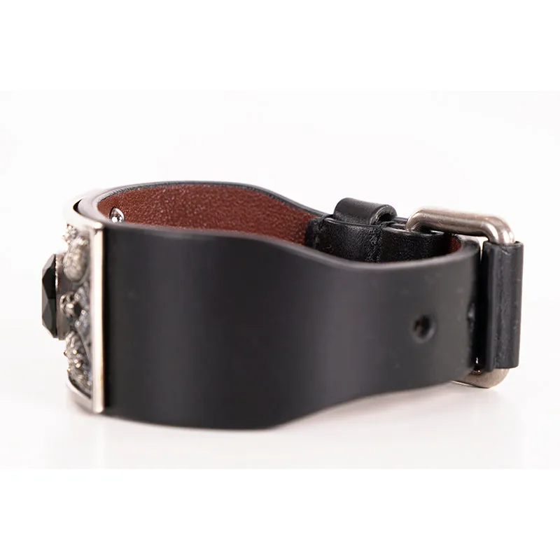 NEW $505 ALEXANDER MCQUEEN Black Leather Silver SKULL Filigree Thick BRACELET