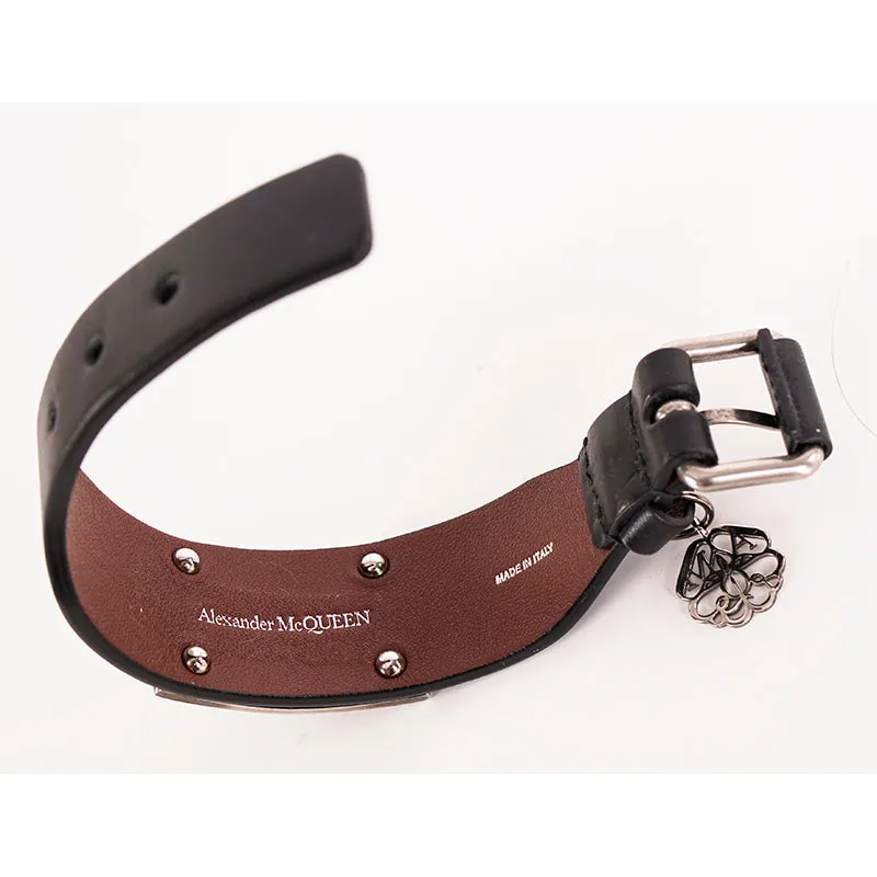 NEW $505 ALEXANDER MCQUEEN Black Leather Silver SKULL Filigree Thick BRACELET