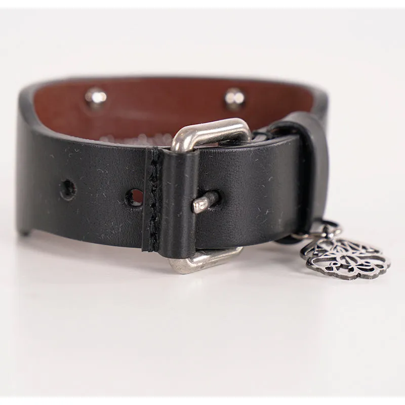 NEW $505 ALEXANDER MCQUEEN Black Leather Silver SKULL Filigree Thick BRACELET