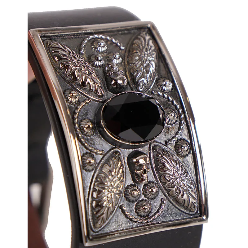 NEW $505 ALEXANDER MCQUEEN Black Leather Silver SKULL Filigree Thick BRACELET