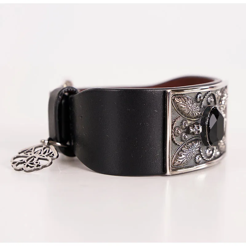 NEW $505 ALEXANDER MCQUEEN Black Leather Silver SKULL Filigree Thick BRACELET
