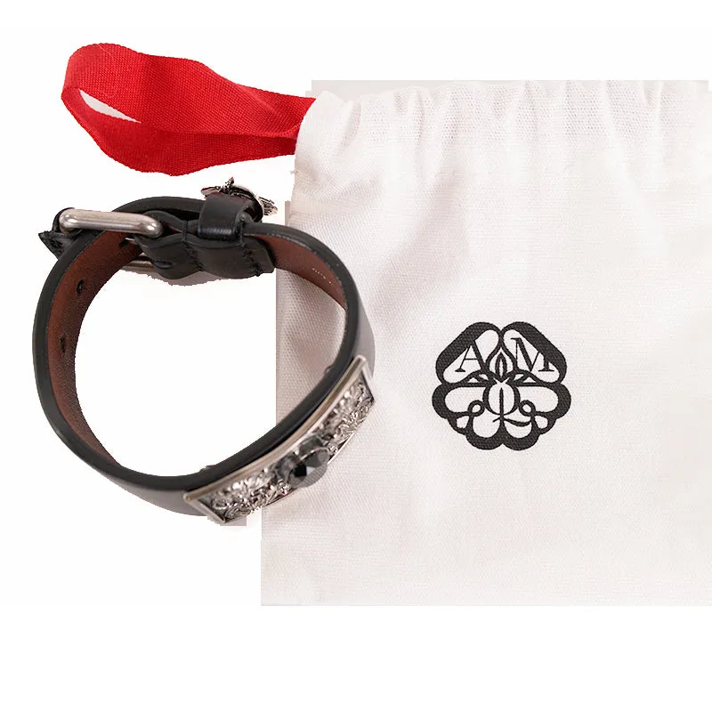 NEW $505 ALEXANDER MCQUEEN Black Leather Silver SKULL Filigree Thick BRACELET