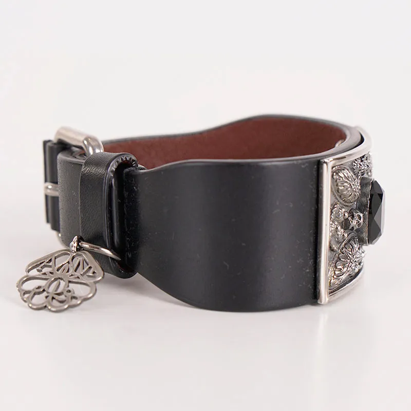 NEW $505 ALEXANDER MCQUEEN Black Leather Silver SKULL Filigree Thick BRACELET