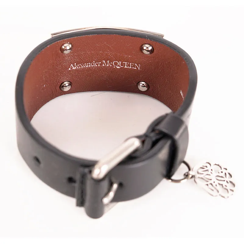 NEW $505 ALEXANDER MCQUEEN Black Leather Silver SKULL Filigree Thick BRACELET