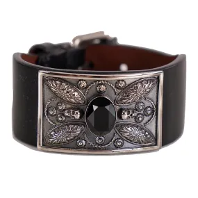 NEW $505 ALEXANDER MCQUEEN Black Leather Silver SKULL Filigree Thick BRACELET