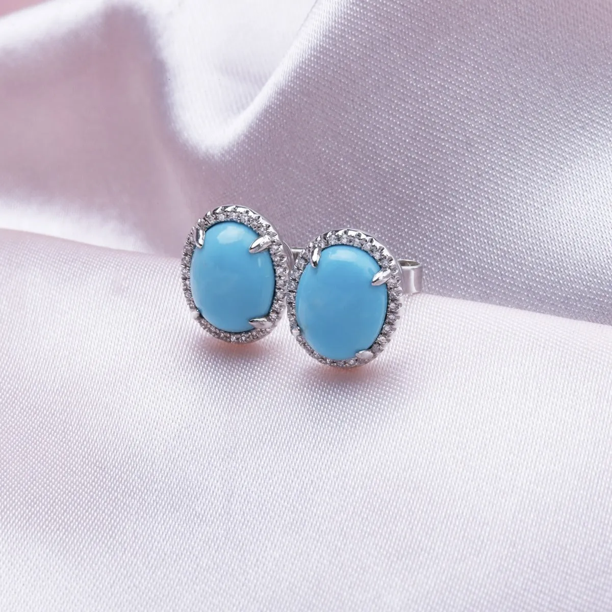 Oval Opal & Diamond Halo 14K White Gold Earrings