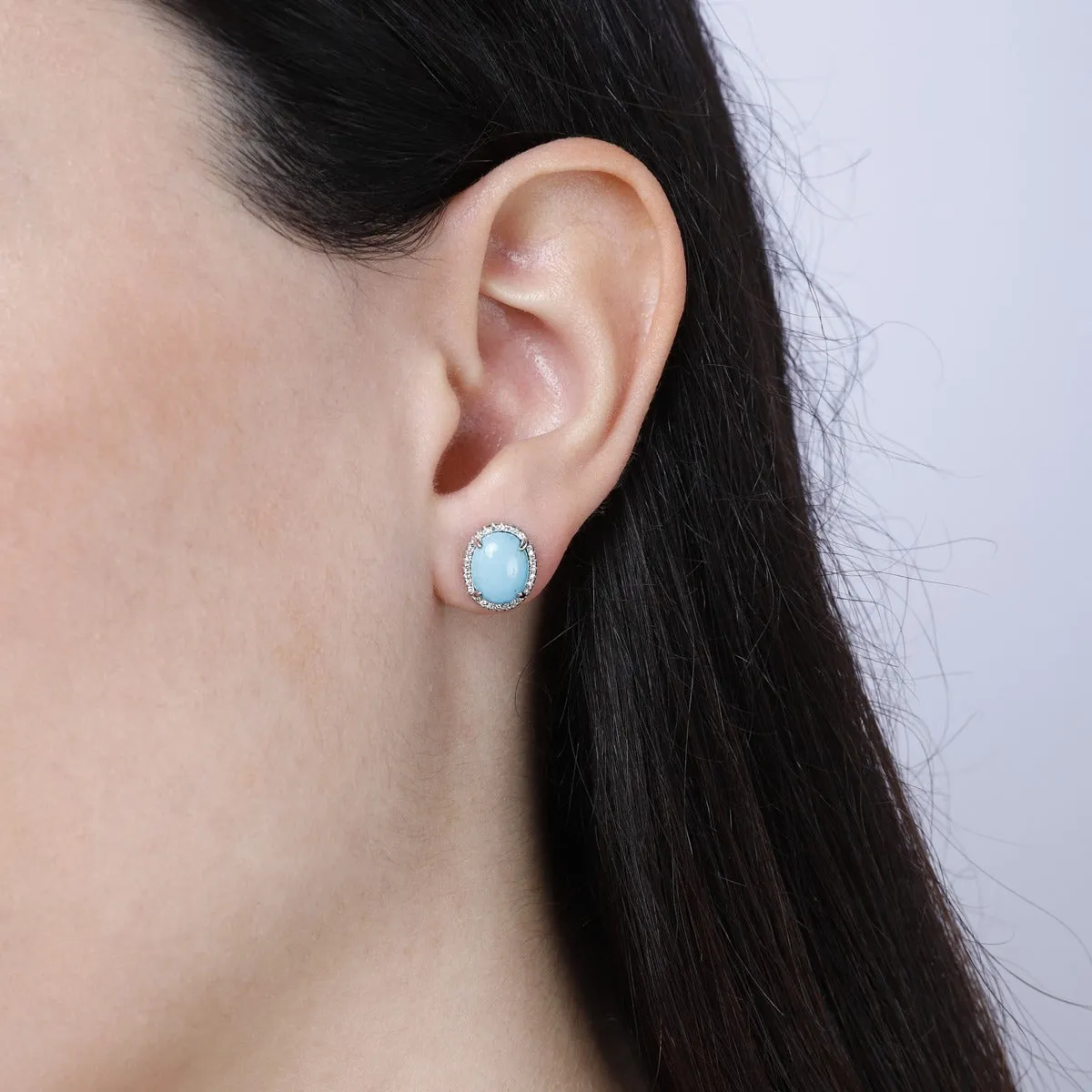 Oval Opal & Diamond Halo 14K White Gold Earrings