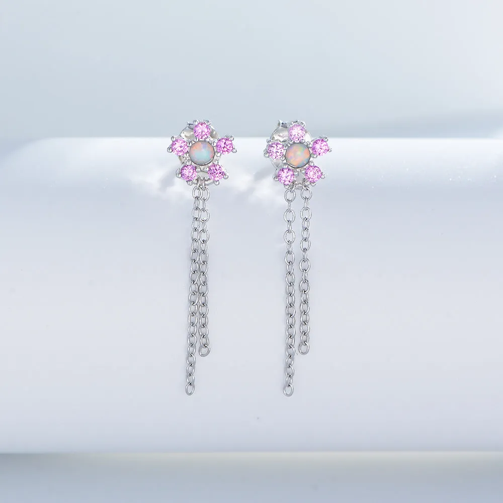 Pink Zircon Flowers Tassel Silver Drop Earrings for Women