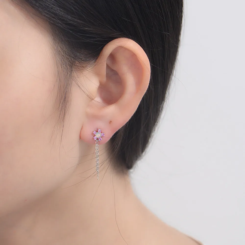 Pink Zircon Flowers Tassel Silver Drop Earrings for Women