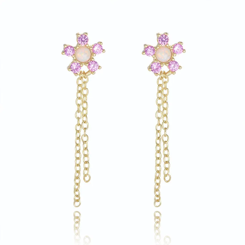 Pink Zircon Flowers Tassel Silver Drop Earrings for Women